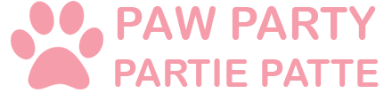 Logo of the Paw Party / Partie Patte, the party name with a small paw print